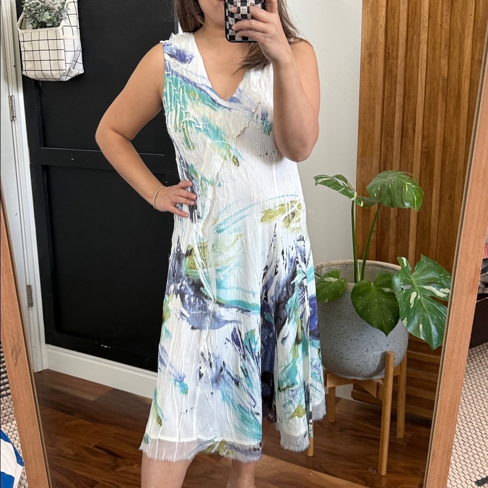 KOMAROV $309 Asymmetrical Hem Printed Watercolor Dress. M artsy watercolor